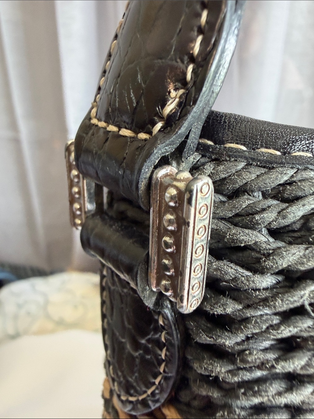 Brighton Black and Natural Braided Straw Shoulder Bag with Heart Charm - Picture 7 of 11